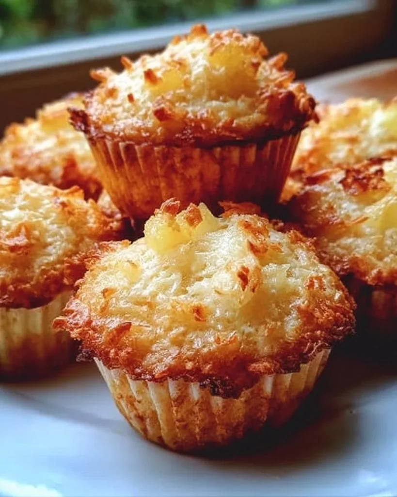 Coconut and Pineapple Cottage Cheese Muffins on a wooden table