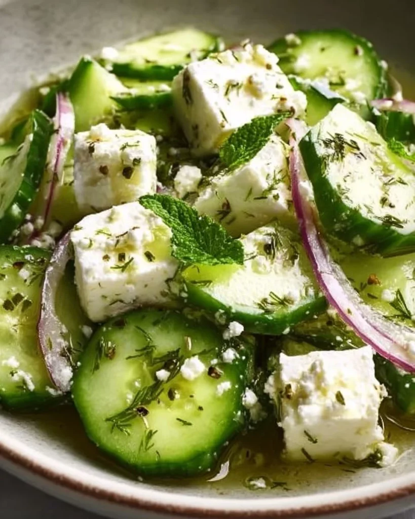 Cucumber Feta Salad drizzled with Lemon Greek Vinaigrette on a plate