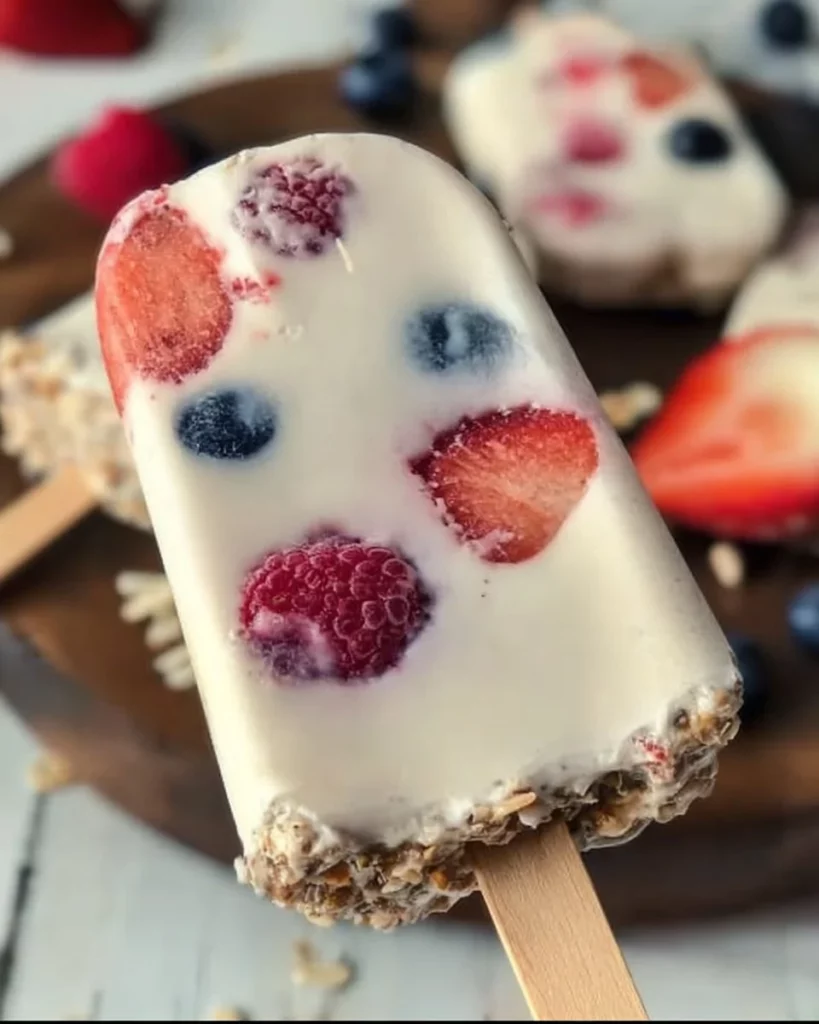 Colorful and healthy breakfast popsicles made with fruits and yogurt