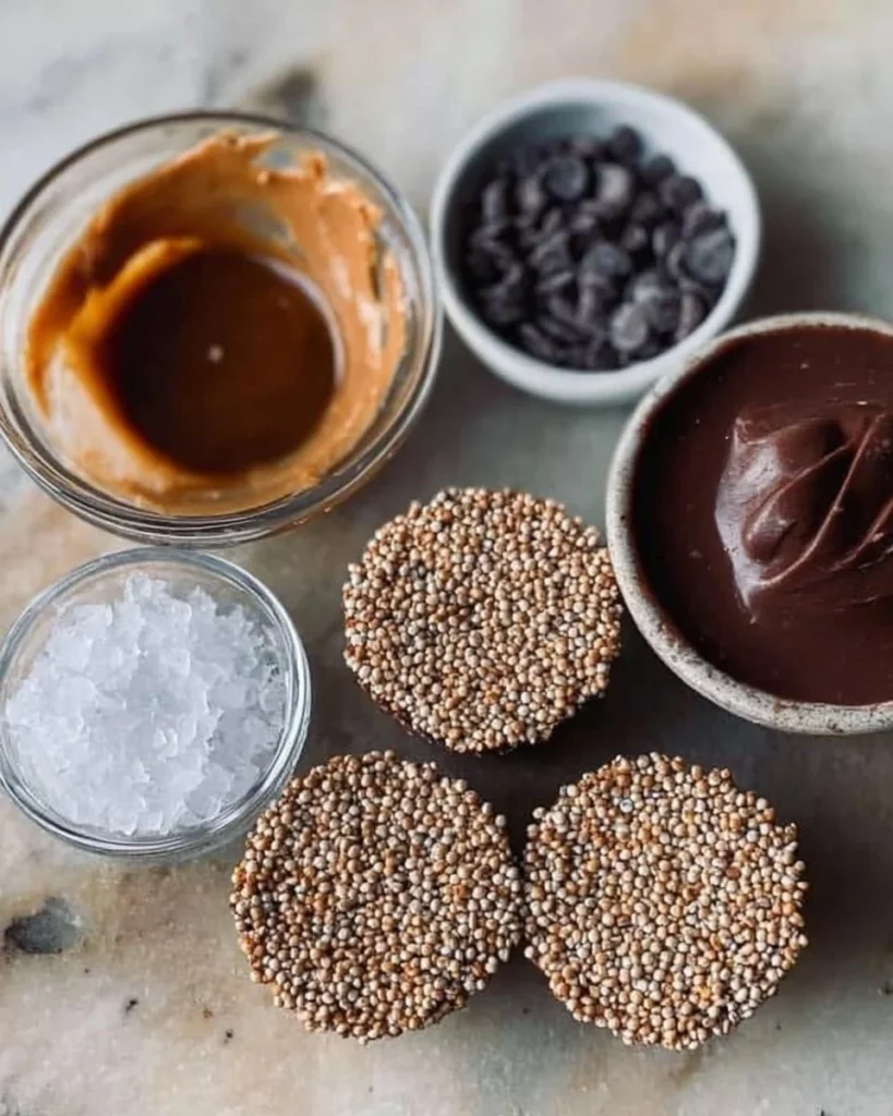 Vegan Quinoa Crunch Peanut Butter Cups drizzled with chocolate on a table.